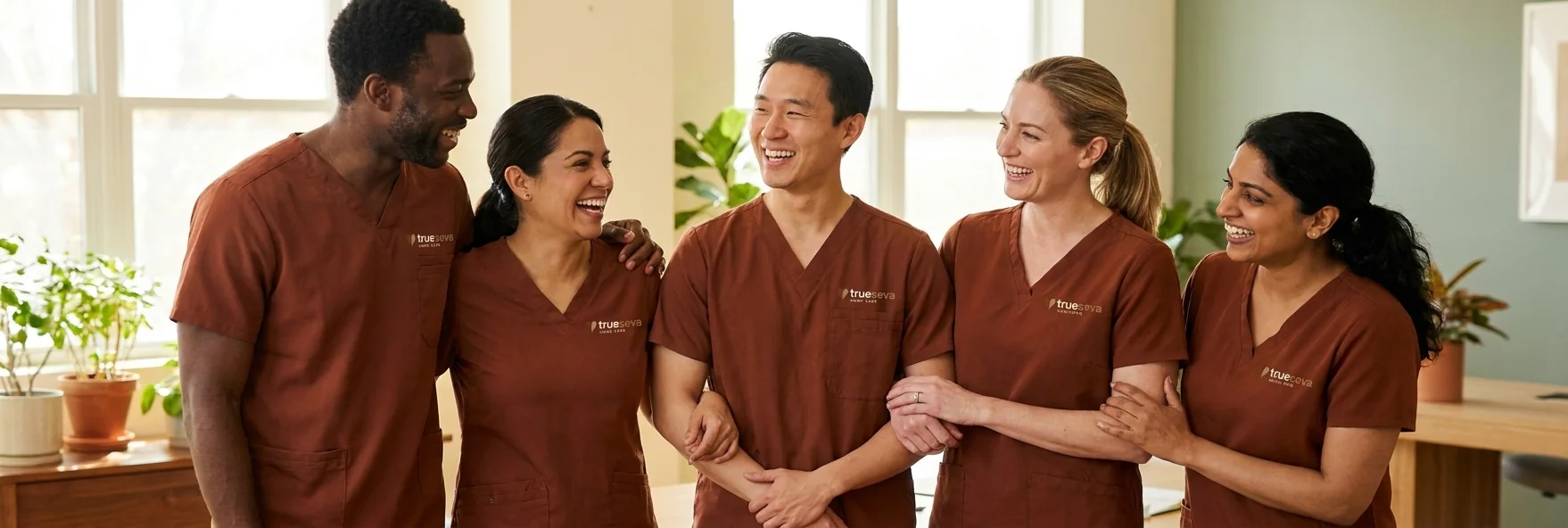 A TrueSeva caregiver smiling with a client